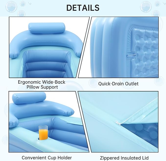 Portable Inflatable Bathtub with Electric Air Pump, Foldable Portable Freestanding Tub, Built-in Water Pillow & Back Support, Cup Holder, Insulated PVC, Includes Repair Patches for Indoor/Outdoor Use