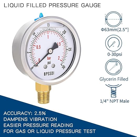 0-30 Psi Glycerin Liquid Filled Low Pressure Gauge, 2.5" Dial Size, 1/4" NPT - Image 2
