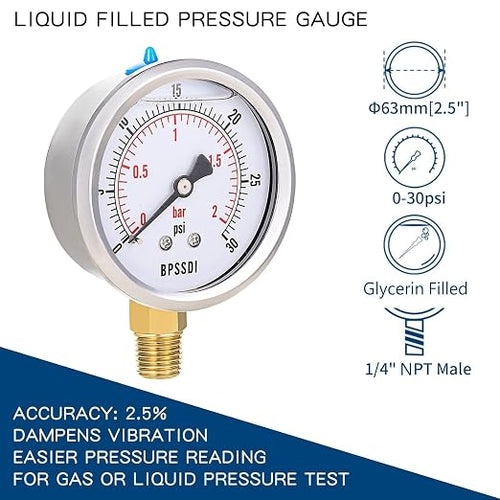 0-30 Psi Glycerin Liquid Filled Low Pressure Gauge, 2.5" Dial Size, 1/4" NPT - Image 2