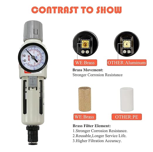 RIH 3/8"NPT Auto Drain Air Filter Pressure Regulator Combo Piggyback, 5 Micron - Image 3