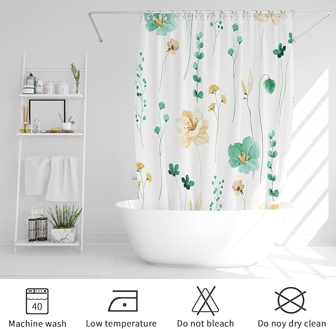 Gibelle Watercolor Floral Shower Curtain, Mint Green Beige Flower Shower Curtain for Bathroom, Modern Minimalist Waterproof Fabric Shower Curtain Set 72x72 Inch