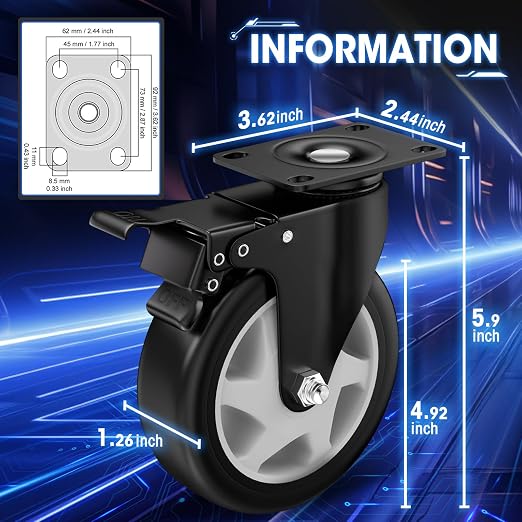 5" Heavy Duty Plate Casters, 1400 Lbs Dual Brake - Image 2