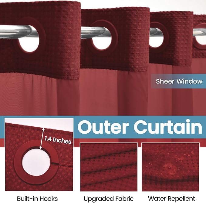 Burgundy No Hook Shower Curtain with Snap in Liner,230GSM Waffle Weave Shower Curtains for Bathroom,71W x 74H