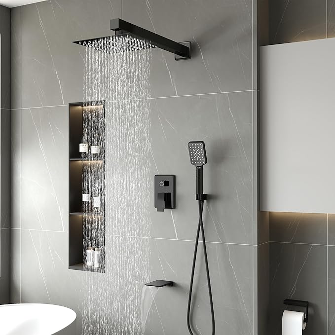 Shower Faucet Set Complete Matte Black Shower System with 10 inch Square Rainfall Shower Head 3-Function Handheld Shower Waterfall Bathtub Spout Rain Shower Combo Set Bathroom Wall Mounted