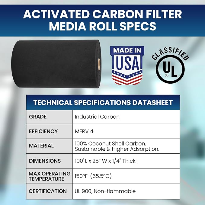 Activated Carbon Filter Media Roll, 25 in x 100 ft | Cut to any size; 1/4 in; - Image 2