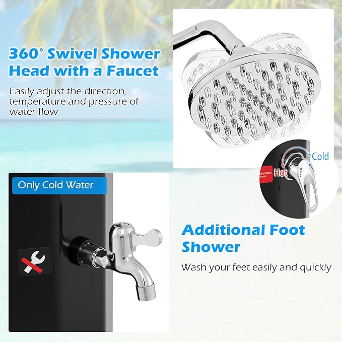 Goplus 15.9 Gallon Solar Heated Outdoor Shower, 7.5 FT Freestanding Outdoor Shower with Shower Head and Foot Shower Tap for Outdoor Backyard Poolside Beach Pool Garden, Black