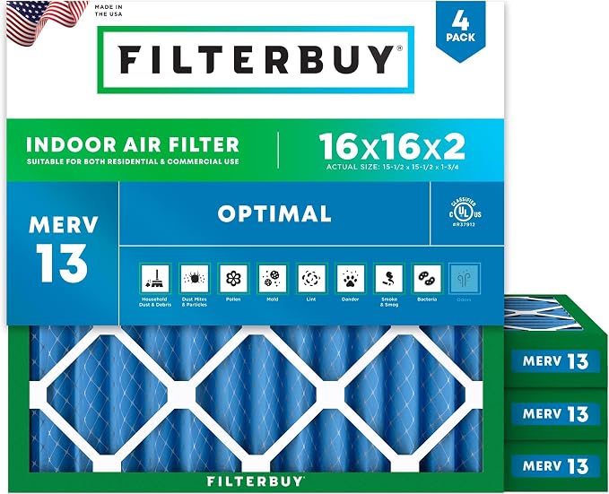 Filterbuy 16x16x2 Air Filter MERV 13 Optimal Smoke & Allergy Defense, by Filterbuy