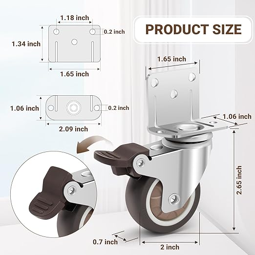 2 Inch Side Mount Casters Set of 4, L-Shaped Silent Rubber Casters 600 LBS - Image 3