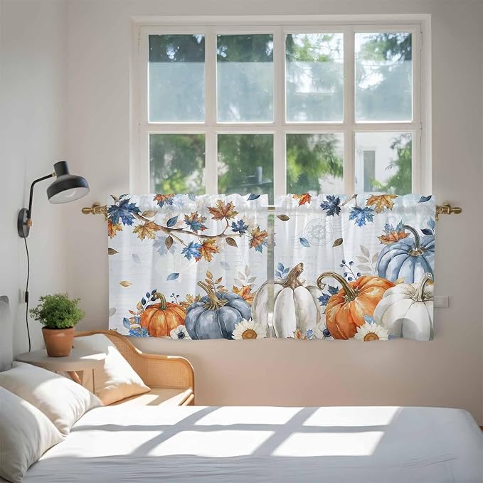 Fall Blue Maple Kitchen Tier Curtains 24 Inch Long 2 Panel Set, Rod Pocket Cafe - Image 4