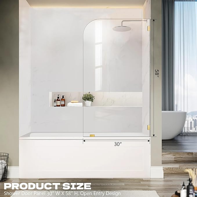 Bathtub Shower Door, 30" W X 58" H Fixed Tub Glass Panel with Clamps, 1/4"(6mm) Clear Tempered Frameless Shower Glass Door, Tub Shower Doors in Brushed Gold