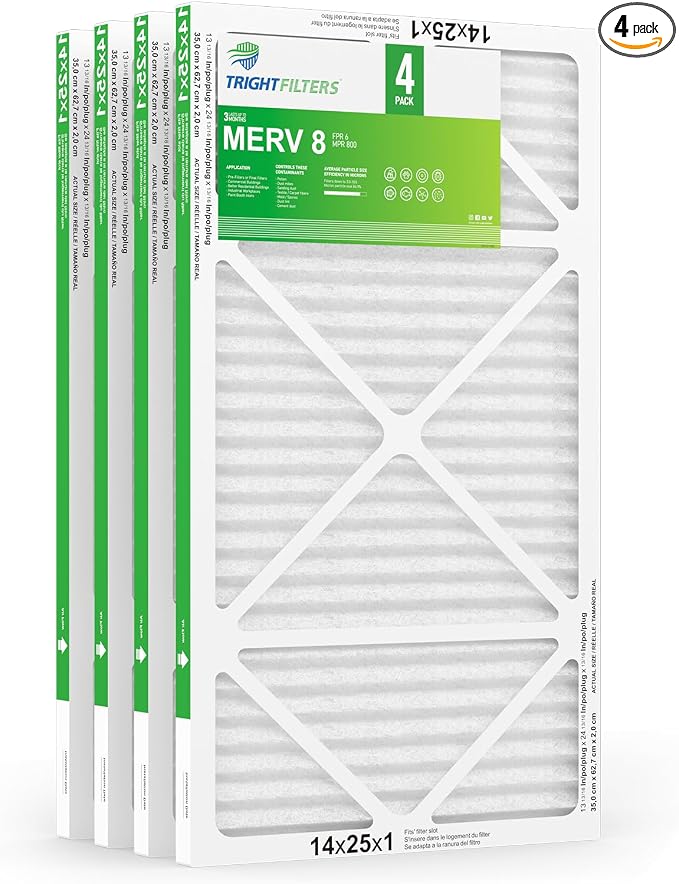 14x25x1 Air Filter 4 Pack, MERV 8 Pleated Dust Defense Air Filters Replacement by TrightFilters
