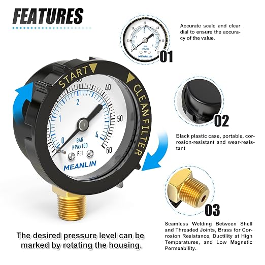 MEANLIN MEASURE 0~60Psi Plastic Frame 1/4" NPT Start and Clean Filter Pressure - Image 4