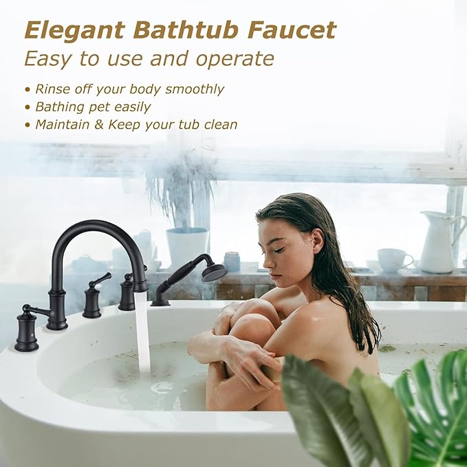 Matte Black Roman Bathtub Faucet Set 5 Hole Deck Mount, Classic Tub Filler with Handshower, High Flow Max 6.3 GPM, 360° Rotatable Spout, 3 Handles, Solid Brass Construction (B2309-BK)