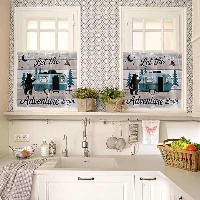 Farmhouse Bear Camper Van Tree Window Valance Curtains, Vintage Wood Grain - Image 3