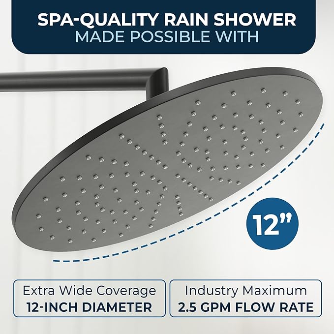 HammerHead Showers® Solid Metal 12 Inch Rainfall Shower Head, Large Rain Shower Head, 2.5 GPM High Flow Shower Head Optimized for Pressure, Wall-Mounted or Ceiling Rain Shower Head, Matte Black