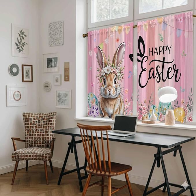 Easter Kitchen Curtains, Spring Rabbit Eggs Flowers Flags Leaves Wood Grain - Image 6