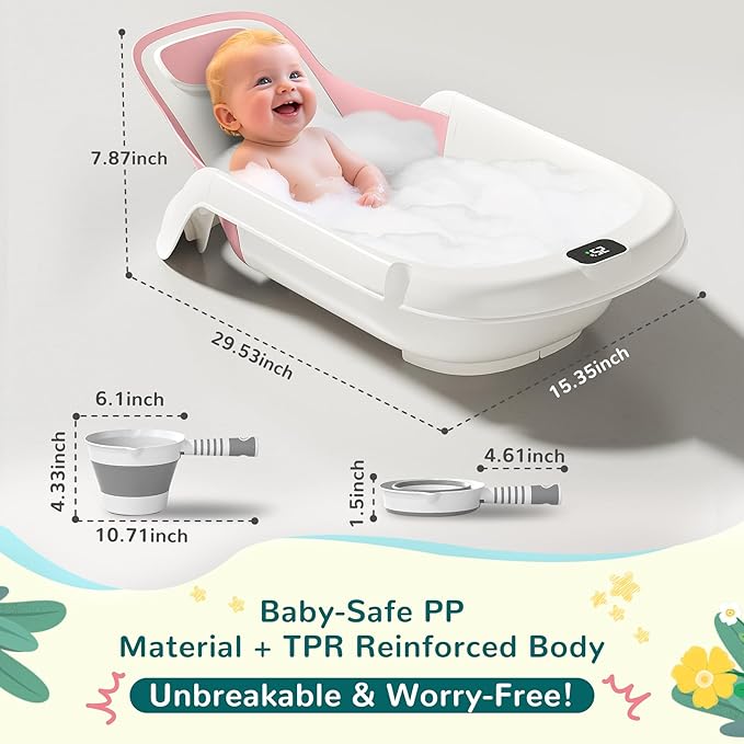 Baby Bathtub,5-in-1 Reclining Baby Bathtub,Baby Bath Tub with Real-Time Thermometer, Adjustable Recline for Custom Comfort for Newborn to Toddler- Ages 9 to 36 Months,Portable Newborn Travel Bath tub