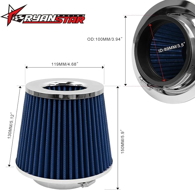 RYANSTAR RACING 89mm 3.5" High Flow Round Tapered Cone Cool Air Filter Cleaner - Image 2