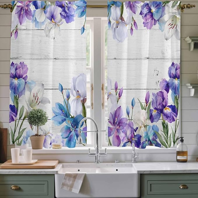 Spring Flowers Kitchen Curtains, Watercolor Garden Florals Wooden Grain Light - Image 2