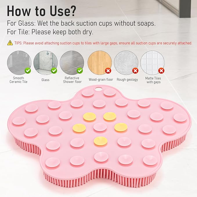 Shower Foot Scrubber Mat Silicone, Back Scrubber Exfoliating Washer Pad Wall-Mounted, Large Feet Clean Message with Suction Cups for Wall Smooth Floor - Extra long & Soft Bristles without Bending Pink