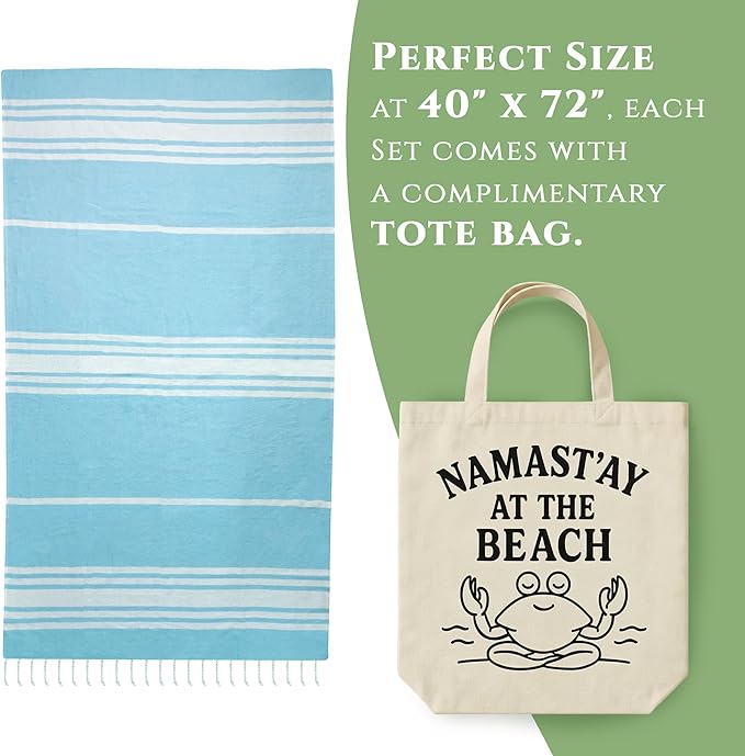 Turkish Cotton Beach Towel Pack of 4 & 1 Boho Tote Bag - Hammam Towels - No Shrink - Quick Dry - Lightweight - Sand Free - Camping - Pool - Tanning - Beach Essentials - Sky Blue (40"x70")