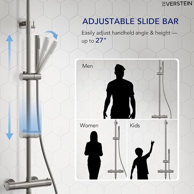 Exposed Shower System with Tub Spout, EVERSTEIN 10 inch High Pressure Shower Faucet Set, 3-Function Wall Mount Rain Showerhead with Handheld Sprayer, Outdoor Bathroom Fixtures, Brushed Nickel
