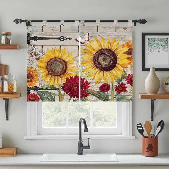 Red Yellow Sunflowers Kitchen Curtains 45 Inch Length, Short Cafe Window - Image 3
