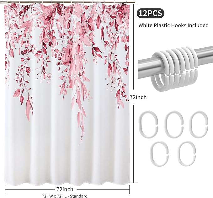 Colorful Star Pink Eucalyptus Waterproof Shower Curtain Set with Hooks, Minimalist Watercolor Floral Print Bathroom Décor, Plant Leaves Washable Fabric Shower Curtain, 72 x 72 Inch