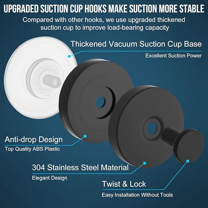 Suction Cup Hook for Shower, 16 Pack Wall Mount Towel Holder, Removable Towel Hook - Stainless Steel No Drill Hook for Bathroom Window Glass Door Wall Home Kitchen Black