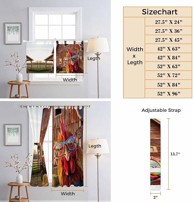 Farm Rooster Bathroom Curtains 63 Inch Length, Window Curtains Tab Top - Image 8