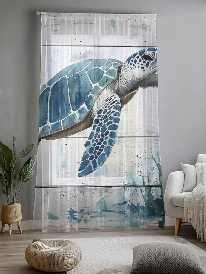 Sheer Curtains 108 Inches Long, Teal Green Sea Turtle Semi Sheer Curtains Light - Image 2