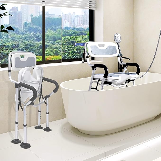 Shower Chair for Inside Shower,Foldable Shower Chair for Elderly and Disabled, Adjustable Height Chairs with Padded Arms and Back for Bathroom,Compact and Comfortable，Regular U-Shape