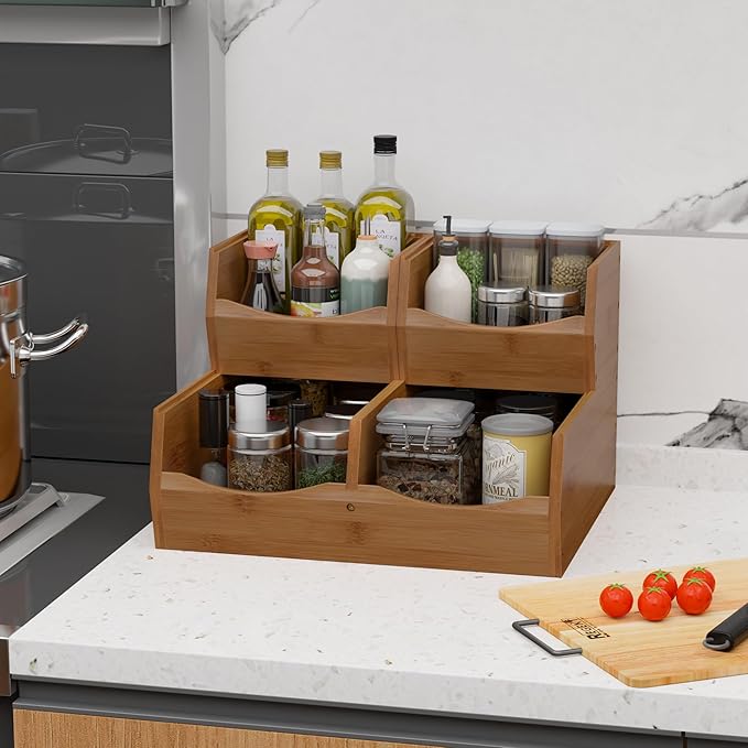 3 Set Bamboo Pantry Organizers and Storage, Open Front Vegetable Fruit Seasonings Stackable Storage Bins, Compact Stacking Storage Bins for Pantry, Bedroom, Office, Kitchen Counter Organizer (Walnut)