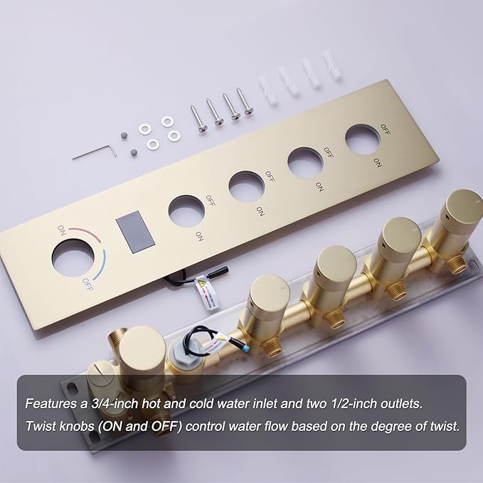 Brushed Gold Digital Display Shower System with 16X24 inch Ceiling Overhead Shower Head(Rain & Waterfall Two Modes), 4 PCS Body Jet and Handheld Spray