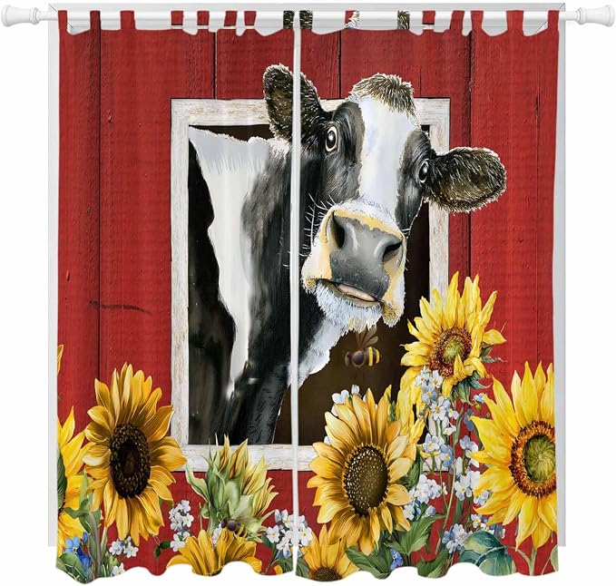 Cows Sunflowers Living Room Curtains 84 Inch Length, Window Curtains Tab Top by Unknown