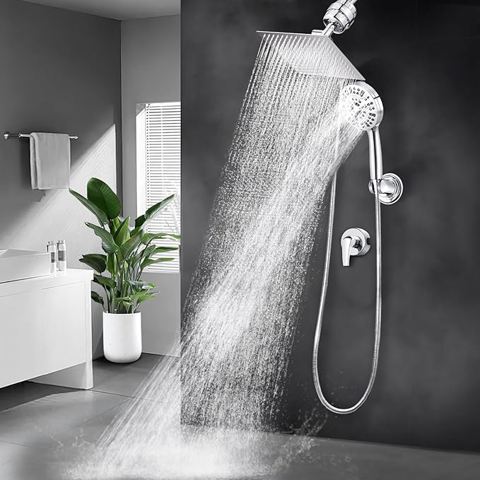10" Dual Filtered Shower Head Showerhead Handheld Sprayer 20 Stage Water Filter Diverter 79" Hose Combo, Filtration Fixed Rain Rainfall, for Chlorine Well Water Hair Dry Skin, DSFC02 (square, 10")