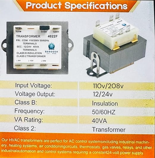 Bagoosh HVAC Transformer – 40VA, 110V/208V to 12V/24V Class 2 Power Transformer - Image 5