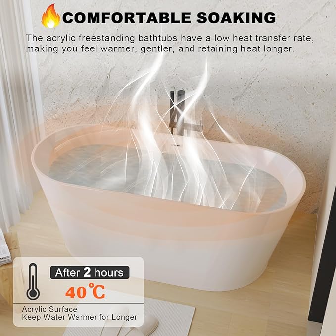 Zavdte 59'' Freestanding Acrylic Bathtub, Gloss White Stand Alone Soaking Tub with Toe-tap Chrome Drain, Double-Wall Insulation, CUPC Certified, Easy Install & Spacious Design