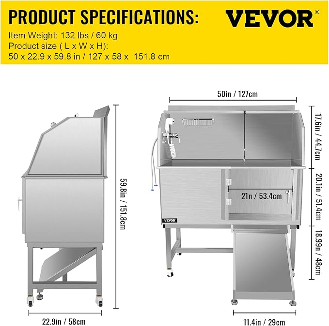 VEVOR Dog Grooming Tub, 50" Right Door Pet Wash Station, Professional Stainless Steel Tub Rated 330LBS Load Capacity, Non-Skid Dog Washing Station Comes with Ramp, Faucet, Sprayer and Drain Kit