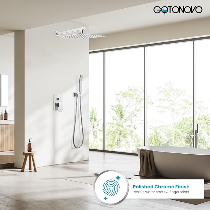 gotonovo Rainfall Bathroom Shower System Rain Shower Head and Handle Set Wall Mounted Shower Complete Combo Solid Brass Pressure Balancing Shower Mixer Valve 16 Inch Polished Chrome