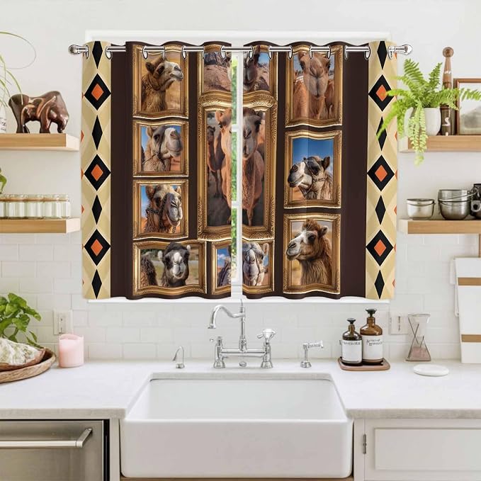 2 Panel Kitchen Cafe Curtains, Wildlife Camels Sunlight Filtering Nature Air - Image 2