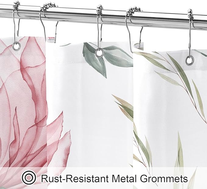 Pink and Grey Boho Watercolor Floral Shower Curtain, Ink Painting Style Blossom & Leaf Shower Curtains for Chic Elegant Bathroom, Artistic Fabric Cloth Flower Shower Curtain, 72x72