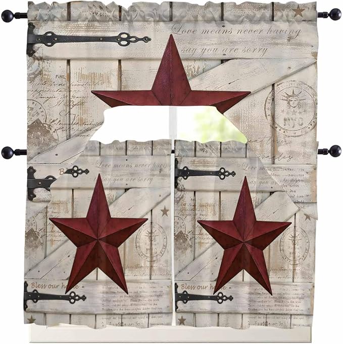 Village Stars Swag Kitchen Curtains Valance and Tier Set, Vintage Dark Red Star - Image 7