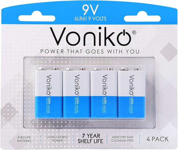 Voniko 4-Pack 9V Batteries, Long-Lasting 9 Volt Battery by Voniko