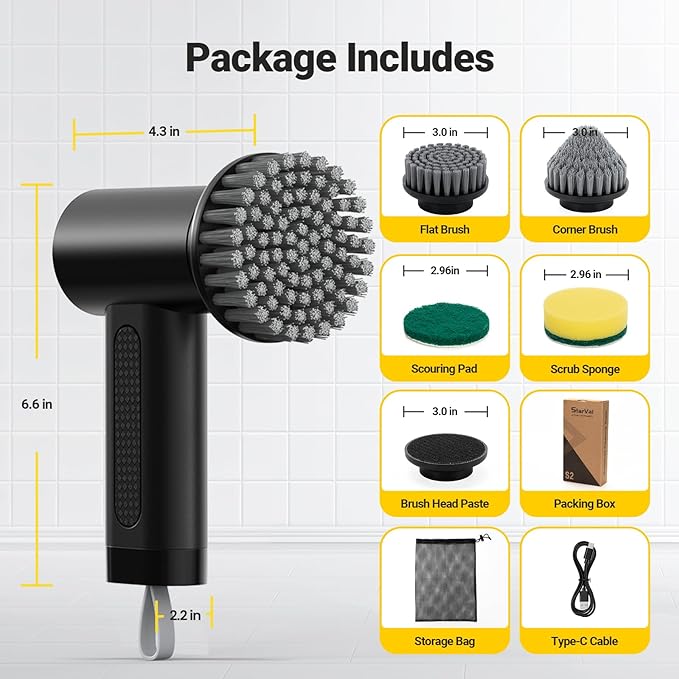 Electric Spin Scrubber, 2000 mAh Cordless Power Scrubber with 4 Replaceable Heads, 2 Speeds Portable Scrubber for Cleaning Sink/Stove/Corner/Tile/Grout/Bowl (Black)