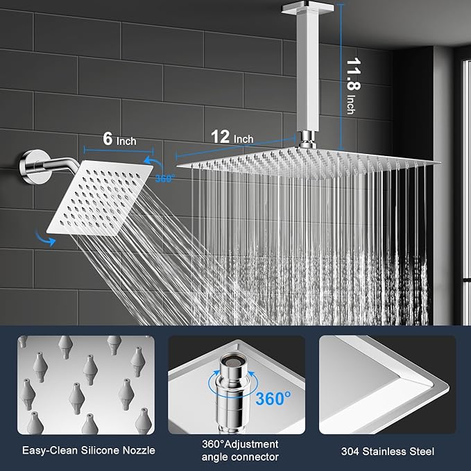 Shower Faucet Set, 3-Setting Push Button Polish Chrome Shower System, 12 Inch Ceiling Mounted Shower Head, 6 Inch Wall Mounted Rain Shower Head with 2 in 1 Handheld Spray, Shower Valve Trim Kit