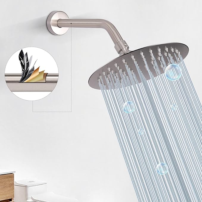 HarJue Shower Arm with Flange and Teflon Tape, Wall Mounted Shower Pipe 304 Stainless Steel Extension Arm for Fixed Shower Head & Handheld (8 Inch, Brushed Nickel)
