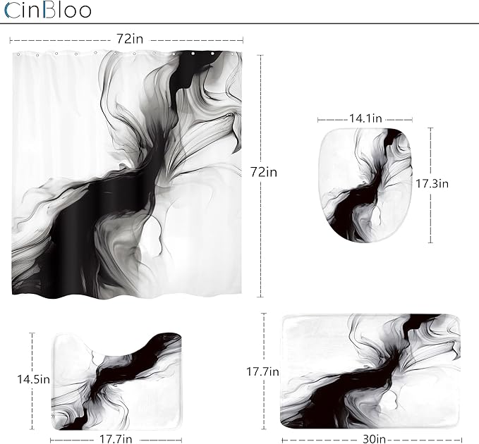 Cinbloo 4Pcs Black White Shower Curtain Set, Abstract Modern Ombre Grey Bathroom Curtain with Rug, Toilet Lid Cover, Bath Mat, Minimalist Marble Women Girls Ink Texture Shower Curtain with 12 Hooks