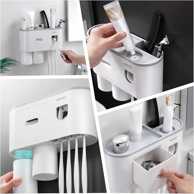 No-Drill Wall Mounted Toothbrush Holder, Bathroom Shelf, with Automatic Toothpaste Dispensers 4 Brush Hooks1 Magnetic Cups 1 Cosmetic Drawer Organizer and Large Storage (1 Dispenser 1 Cup)