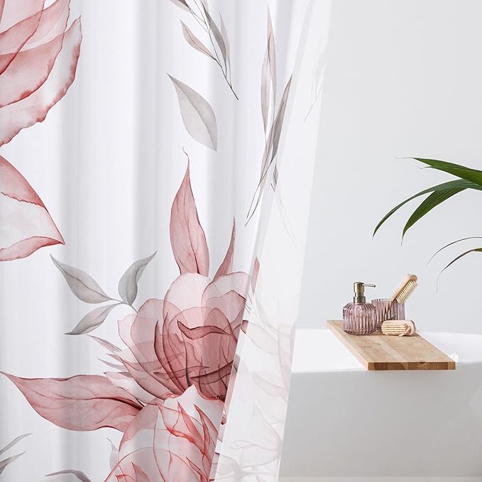 Red and Grey Boho Watercolor Floral Shower Curtain, Ink Painting Style Blossom & Leaf Shower Curtains for Chic Elegant Bathroom, Artistic Fabric Cloth Flower Shower Curtain, 72x72
